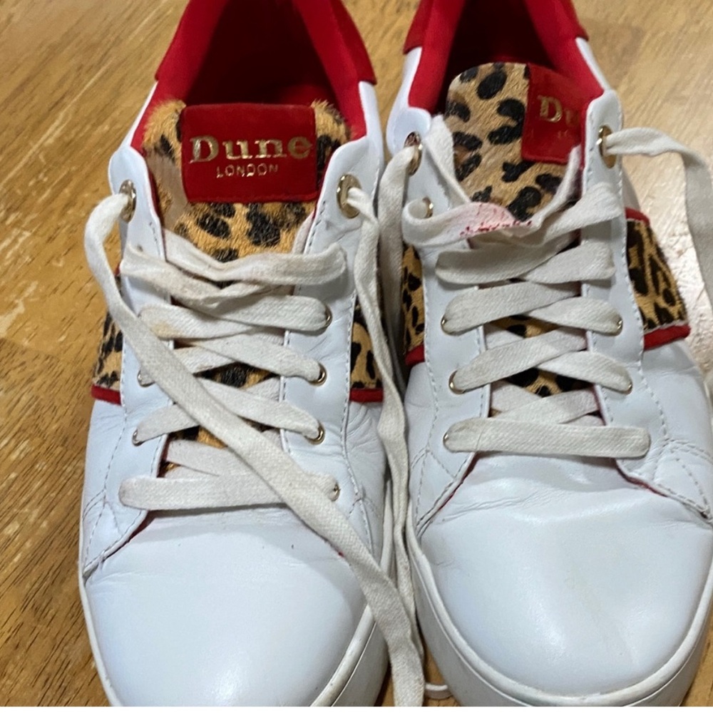 Dune London White and Red Sneakers with Leopard Accents